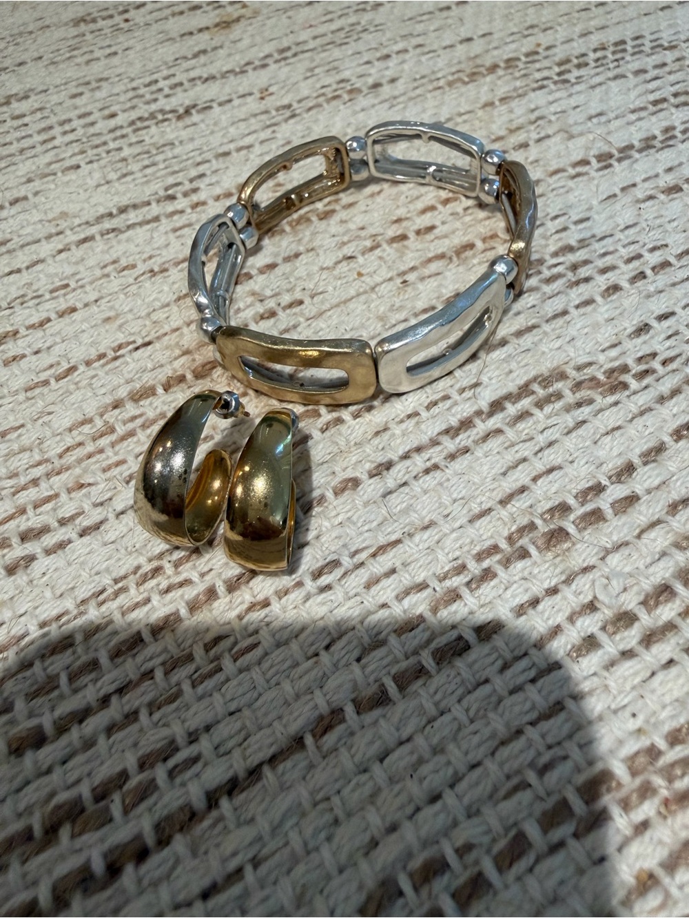 Two-Tone Gold and Silver Stretch Bracelet with Matching Gold Earrings